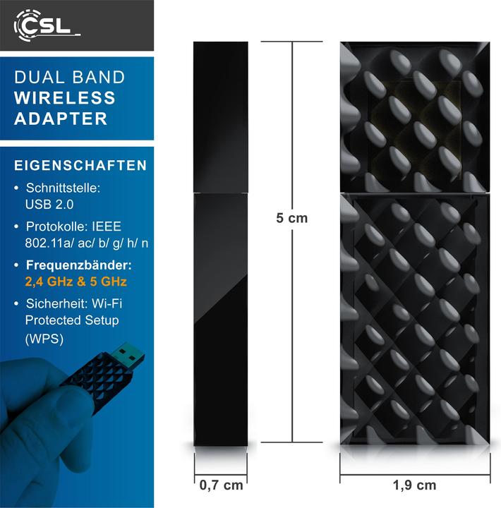 Immagine prodotto CSL Adattatore WLAN USB, AC450 WIFI Dual Band Stick, 433 MBit/s, 2,4 GHz / 5 GHz, 802.11ac, WPS (USB 2.0)