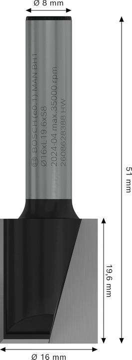 Produktbild Bosch Professional Zubehör Nutfräser, 8 mm, D1 16 mm, L 19,6 mm, G 51 mm. Für Handfräsen
