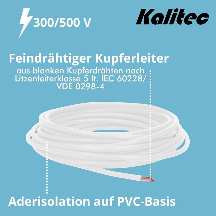 Produktbild Kalitec 10 Meter H05V-K 1 mm² weiss Verdrahtungsleitung I Aderleitung flexibel I PVC Einzelader I Lit (10 m)