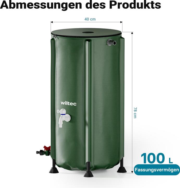 Immagine prodotto Wiltec Barile pieghevole per l'acqua piovana da 100 litri Serbatoio per l'acqua piovana Barile per l'acqua (100 l)