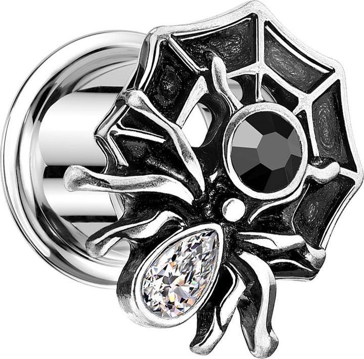 Produktbild Star Piercing Flared Tunnel silber Spinne im Netz mit Kristallen (Chirurgenstahl 316L, Messing)