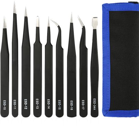 Actual product image Deltacoimp Deltaco Tweezer Kit for Electronics/ESD, 9 Parts - Black