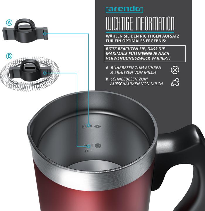 Produktbild Arendo Milchaufschäumer 500 W, mit Griff im Edelstahl Doppelwanddesign, Elektrisch, Antihaftbeschichtet (240 ml)