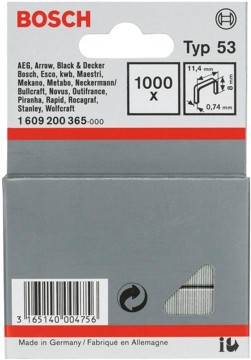 Actual product image Bosch Professional Zubehör Fine wire staple type 53, 11.4 x 0.74 x 8 mm, pack of 1000