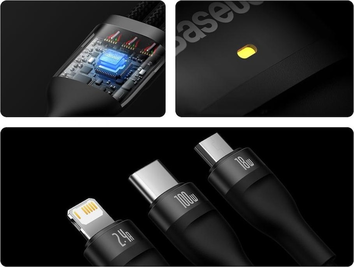 Produktbild Baseus 3in1 USB cable Flash Series, USB-C + micro USB + Lightning, 100W, 1.2m (black) (1.20 m, USB 3.2 Gen 1)