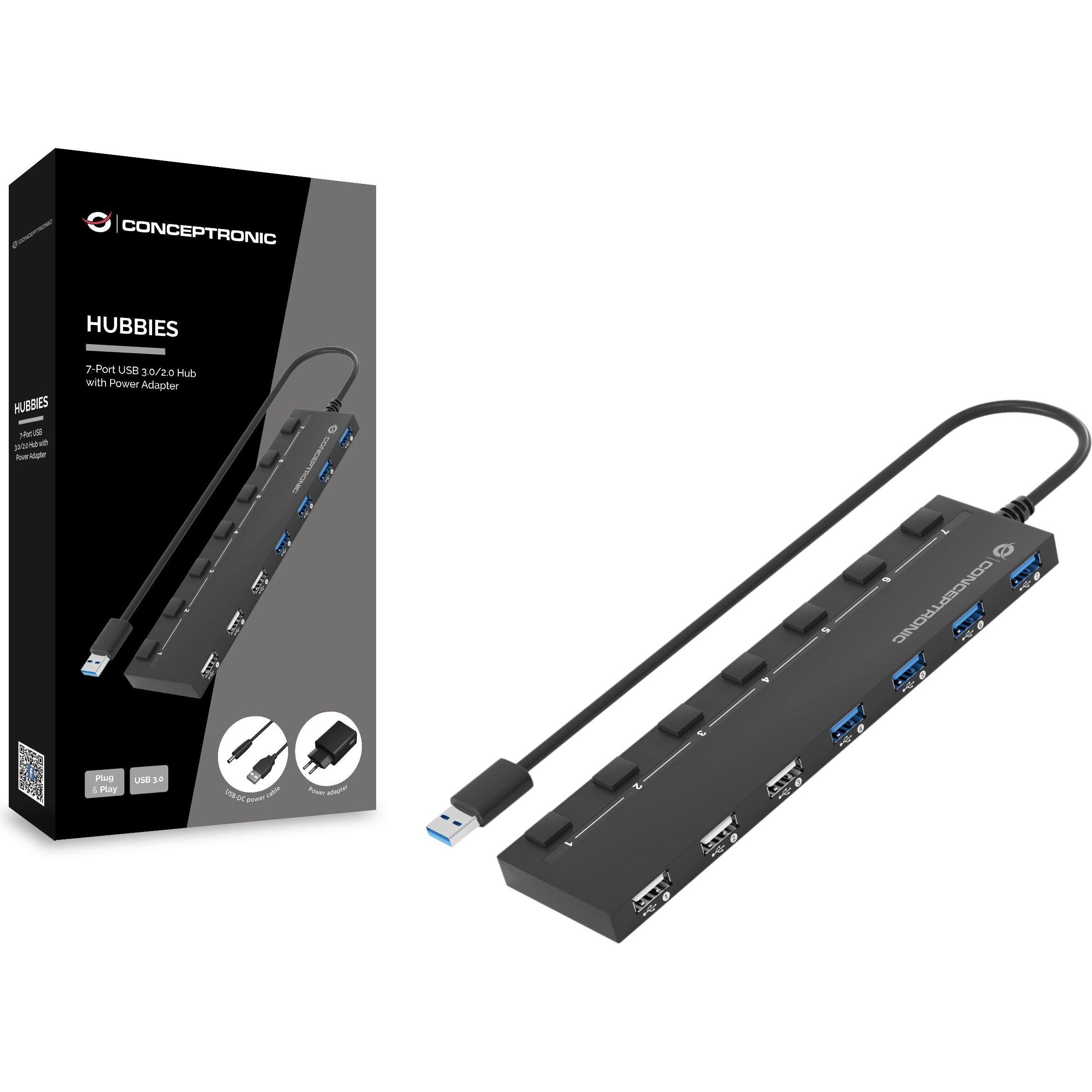 Thumbnail - Conceptronic HUBBIES09BP (USB-A, 7 Ports), Dockingstation + USB Hub, Schwarz
