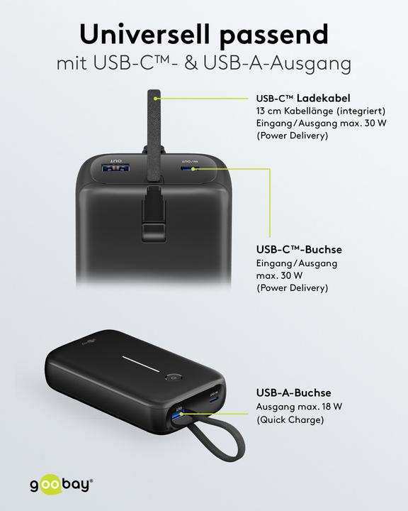 Produktbild Goobay Powerbank 20.000 mAh mit integriertem USB-C-Kabel (20000 mAh, 20 W, 15 Wh)