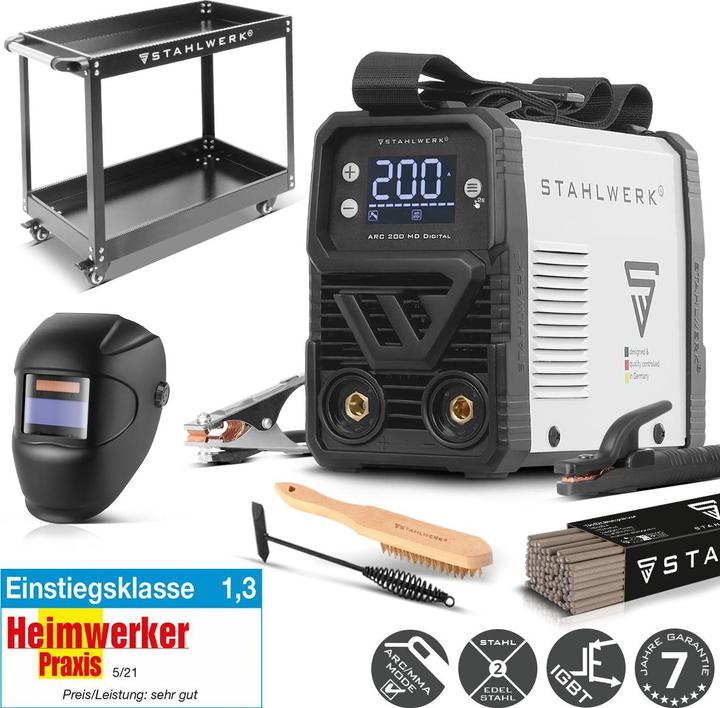 Stahlwerk welding machine ARC 200 MD Digital fully equipped MMA E Hand Inverter 200 A equipment trolley Helmet