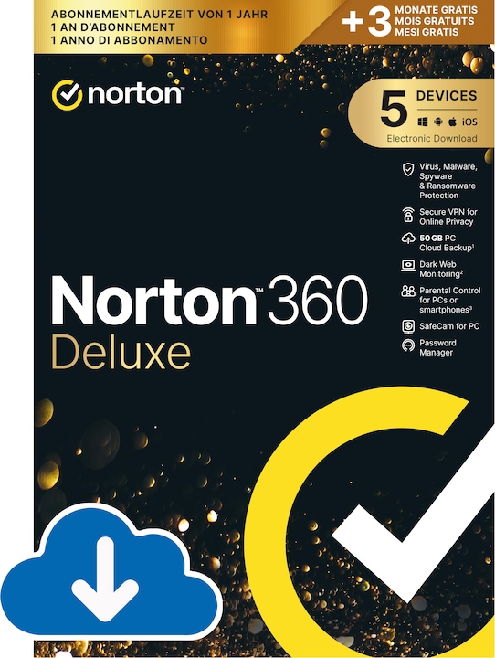 Produktbild Norton 360 Deluxe (5 User, 5 Geräte/User, 15 Monate)