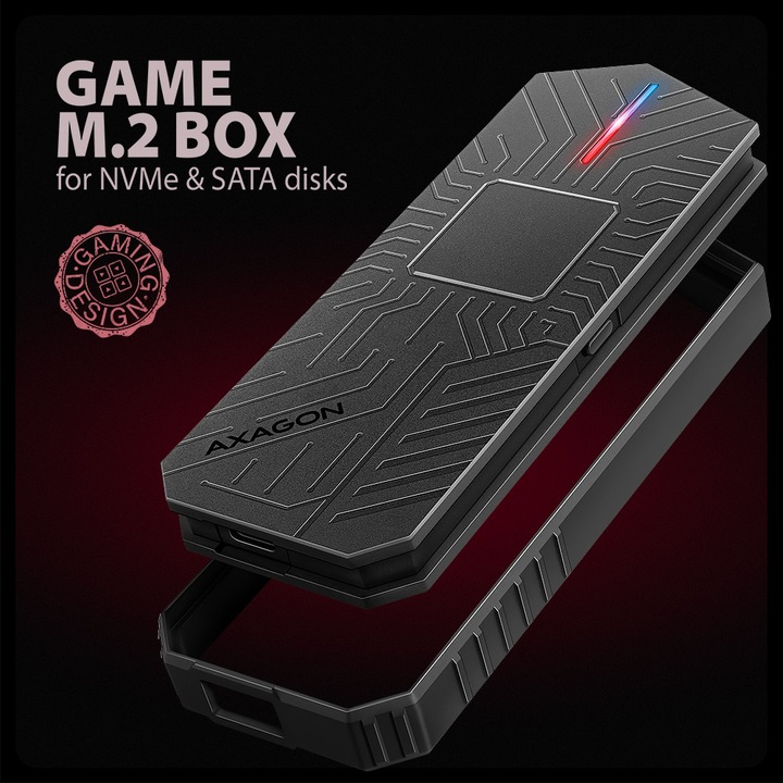 Actual product image Axagon EEM2-GAM, USB-C 10Gbps - NVMe & SATA SSD GAME M.2 box, bezšroubkový (M.2 2280)