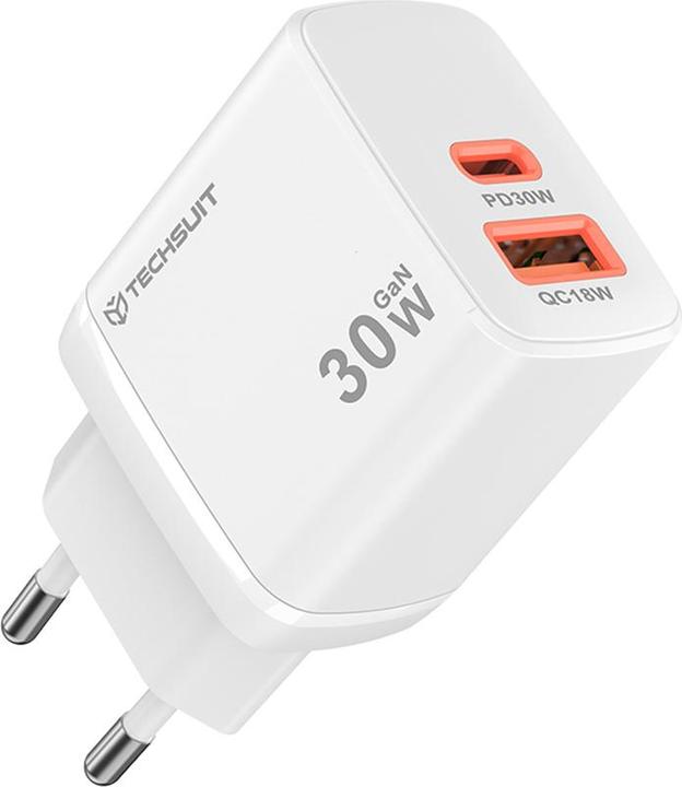 Techsuit - Wall Charger Duonix30W (CH1) - Type-C, USB, Dual Travel Charger 30W - White (30 W, 2 ports)