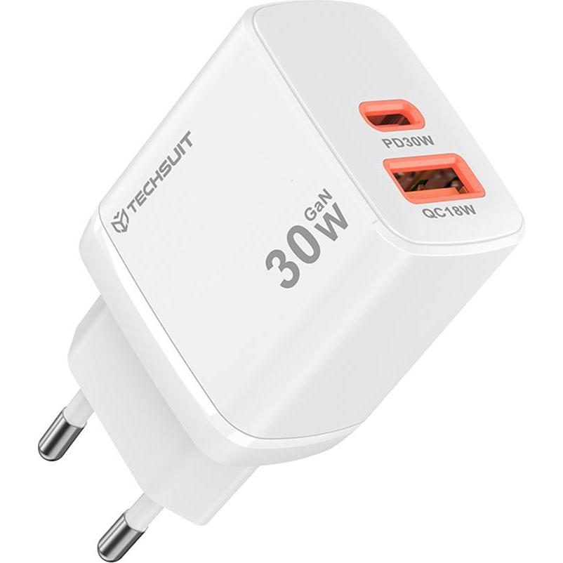 Techsuit - Wall Charger Duonix30W (CH1) - Type-C, USB, Dual Travel Charger 30W - White (30 W), Caricatore USB, Bianco