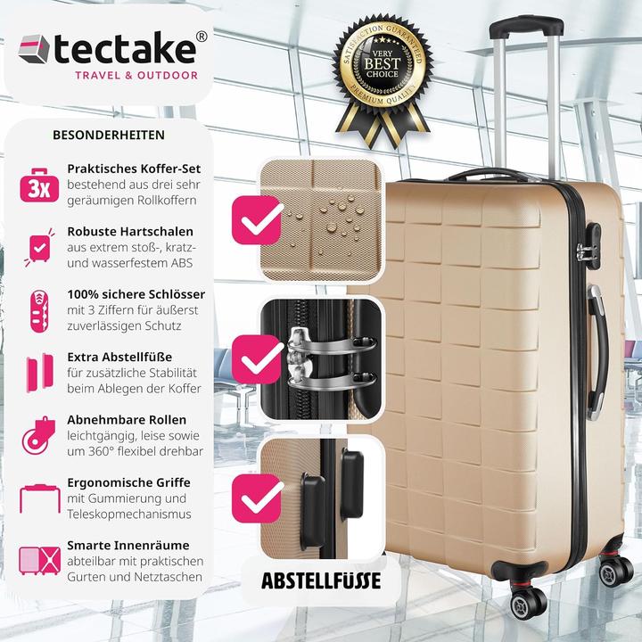 Produktbild tectake 800518 Reisekofferset 3-teilig, Champagner (98 l, M (50 - 90l), L (90 - 115l), XL (ab 115l))