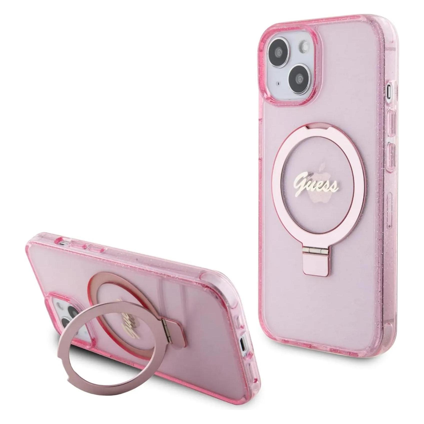 Guess GUHMP15SHRSGSP IPhone 15 6.1" Różowy/pink Hardcase Ring Stand Script Glitter MagSafe (Apple IPhone 15), Smartphone Hülle, Rosa