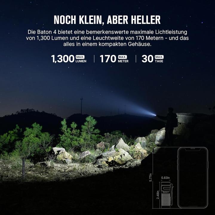 Produktbild Olight Aufladbare Taschenlampe mit 1300 Lumen, wasserdicht IPX8, Magnet und 6 Modi für Camping und Haushalt (1300 lm)