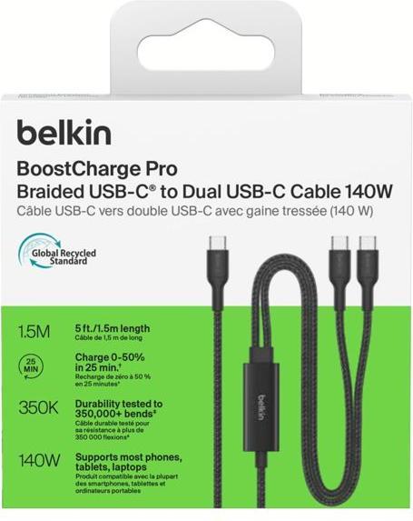 Image du produit Belkin BOOSTCHARGE Pro 140W 1,5m USB-C Kabel schw. CAC004hq1.5MBK (1.50 m, USB 2.0, 140 W)