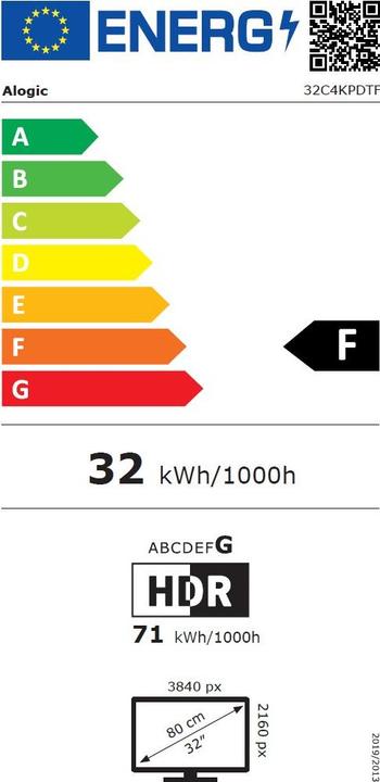 Energy Label Alogic 32C4KPDTF, 81.3 cm (32"), 3840 x 2160 pixels, 4K Ultra HD, 20 ms, Silver (3840 x 2160 Pixels, 32")