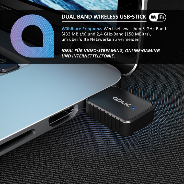 Image du produit Aplic Clé adaptateur WLAN USB Dongle, clé WiFi 600 Mbps 2,4 GHz + 5 GHz / 802.11 ac/n/g/b/h, Windows 11 (USB)