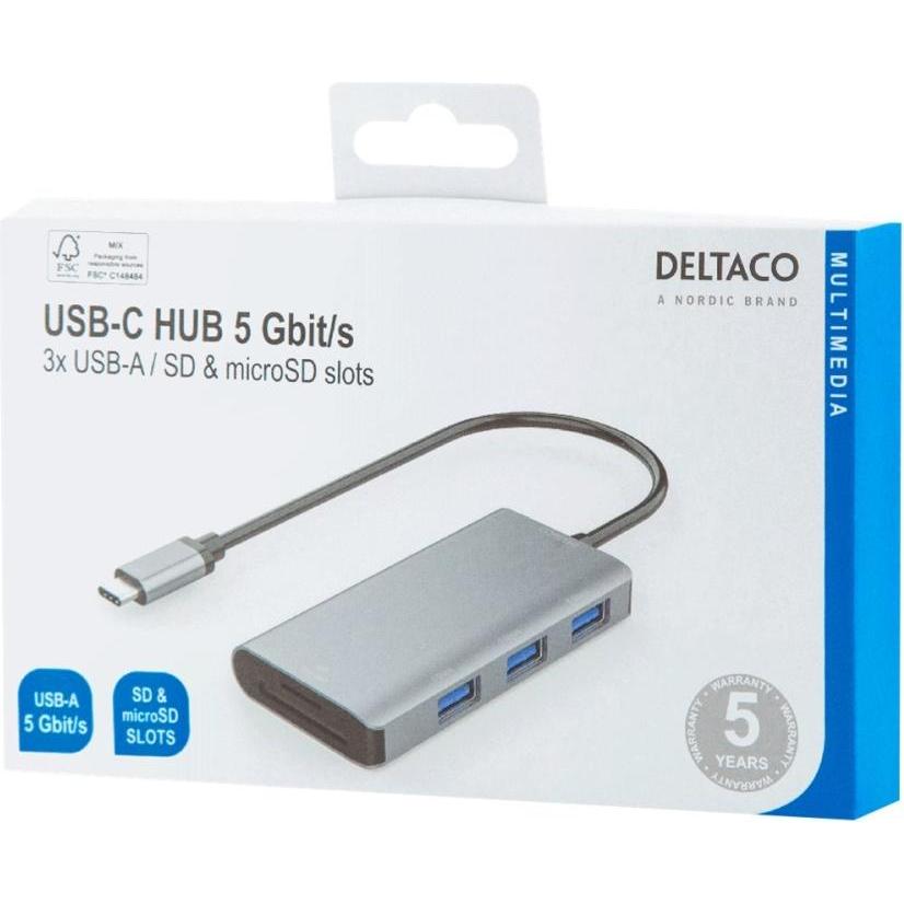 Thumbnail - Deltaco USB 3.1 Gen 1 hubb USB-C 3US - USB 3.0 (USB-C), Dockingstation + USB Hub, Grau