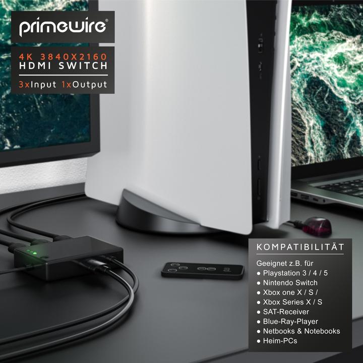 Actual product image Primewire HDMI Switch 4k Ultra HD, 3 Port Splitter with Remote Control, 4K, 3D, CEC, ARC