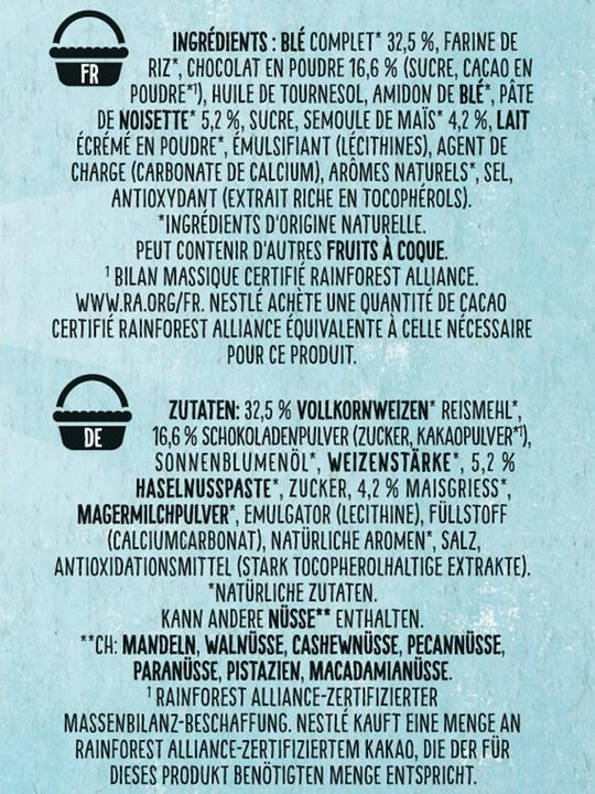 Valeurs nutritives et ingrédients Nat Schoko-Haselnuss Kissen (340 g)
