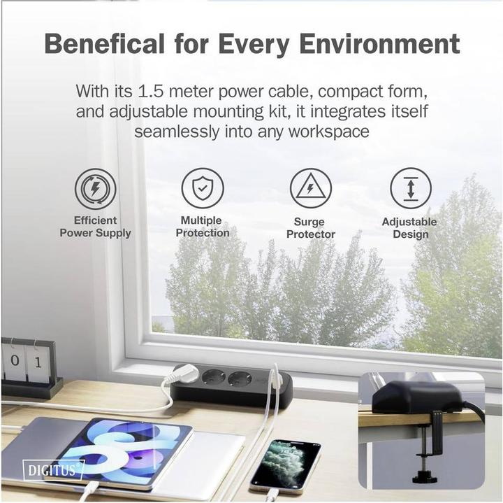 Actual product image Digitus 3-way office socket strip with 2x USB-A and 1x USB-C connections, black (3x, CEE 7/3, 1.50 m)