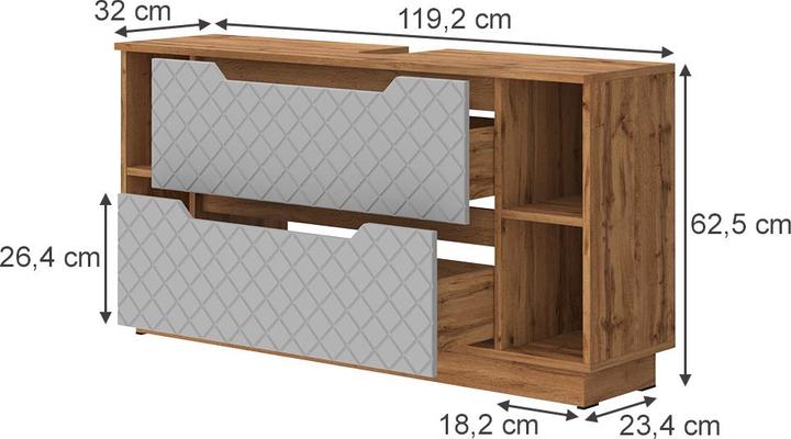 Actual product image Vicco Waschbeckenunterschrank Lotta, Eiche/Grau mit Kachelstruktur, 119.2 x 62.5 cm mit 2 Schubladen (119.20 x 32 x 62.50 cm)