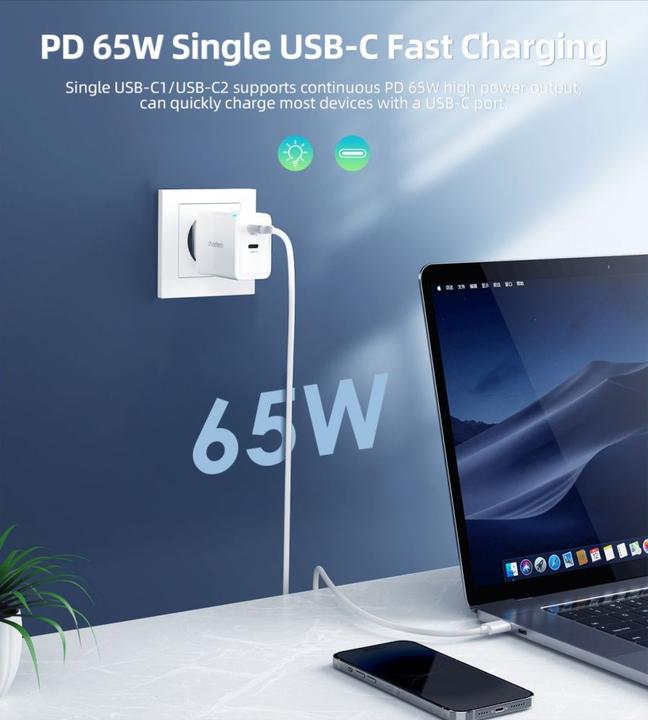 Actual product image Choetech PD6013 2x USB-C PD 65W GaN wall charger - white (65 W, 2 ports)