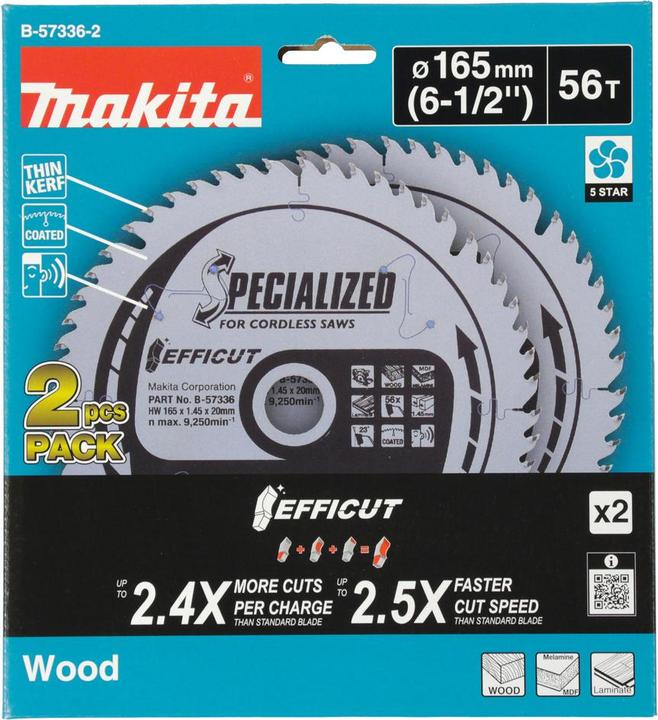 Actual product image Makita B-57336-2 TCT saw for wood/MDF/laminate 165X1.45X20mm 23° T56 EFFICUT 2 pcs.