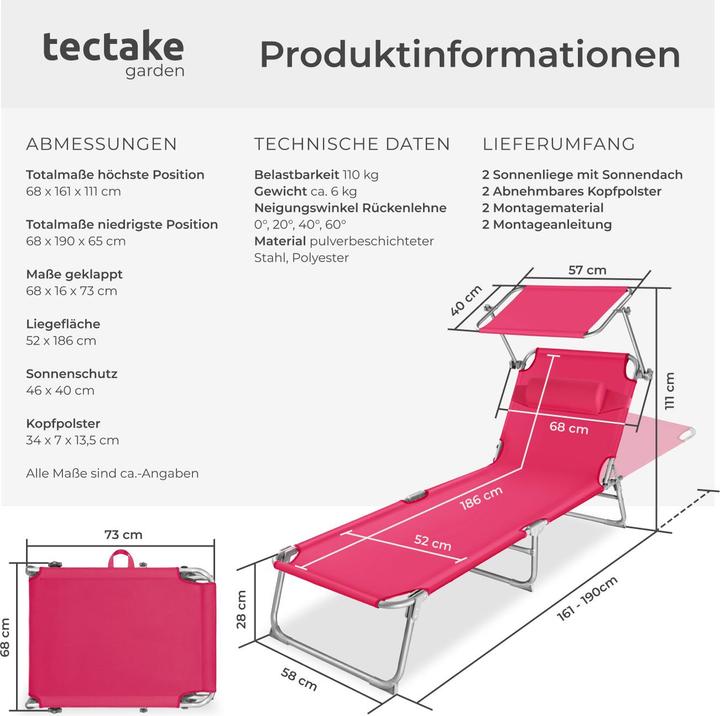 Produktbild tectake 2 Gartenliegen 4-stufig mit Kopfpolster (161 cm)