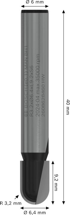 Produktbild Bosch Professional Zubehör Hohlkehlfräser, 6 mm, R1 3,2 mm, D 6,35 mm, L 9,1 mm, G 40 mm