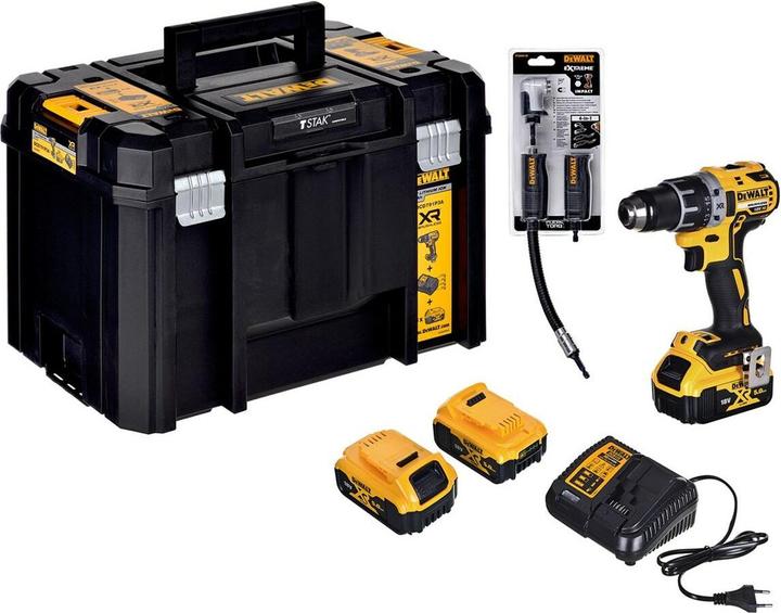 Actual product image DeWalt 18 Volt cordless drill / with 3 x 5Ah + angle drill attachment DT20502 (Rechargeable battery operated)
