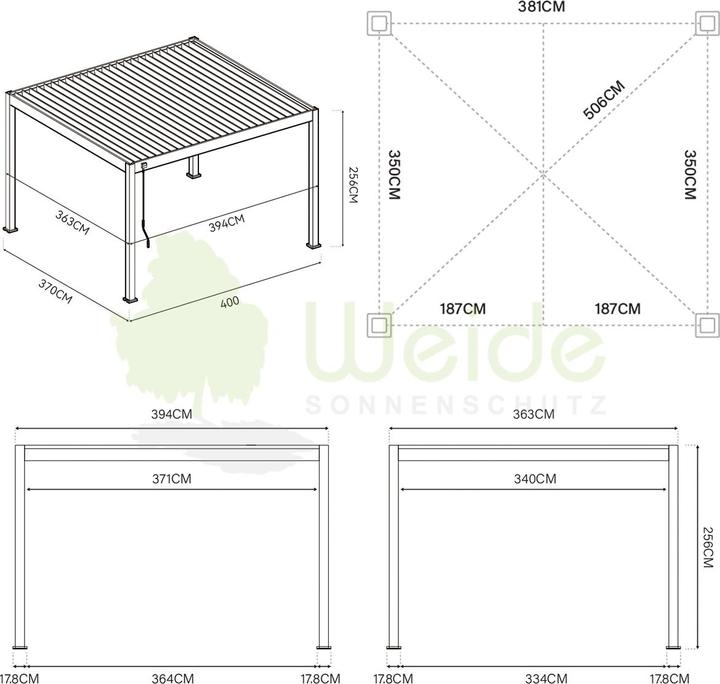 Produktbild Weide elektrische Pergola 3.6x4m Anthrazit mit LED (400 cm, 360 cm)