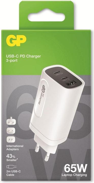 Image du produit GP Batteries GP GaN Adaptateur de charge rapide USB 65W PD 2xUSB-C & 1xUSB-A blanc (65 W)
