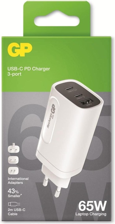 Produktbild GP Batteries GP GaN USB Schnelladeadapter 65W PD 2xUSB-C & 1xUSB-A weiss (65 W)