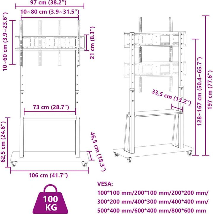 Produktbild VidaXL TV-Ständer auf Rollen (Universal, 90", 100 kg)