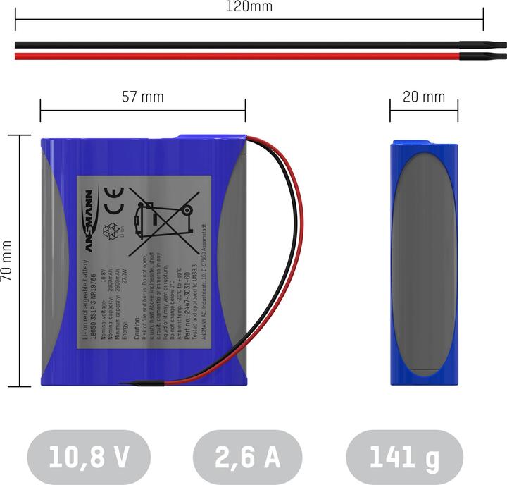 Actual product image Ansmann 3S1P Akkupack 3x 18650 Kabel Li-Ion 10.8 V 2600 mAh (1 pcs., 18650, 2600 mAh)