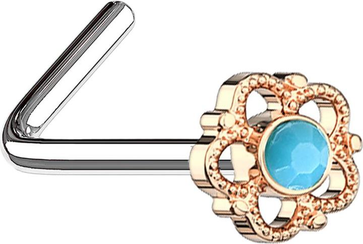 Produktbild Star Piercing Nasenstecker gewinkelt rosegold Blume mit türkis Stein (Messing, Mineralisch, Chirurgenstahl 316L)