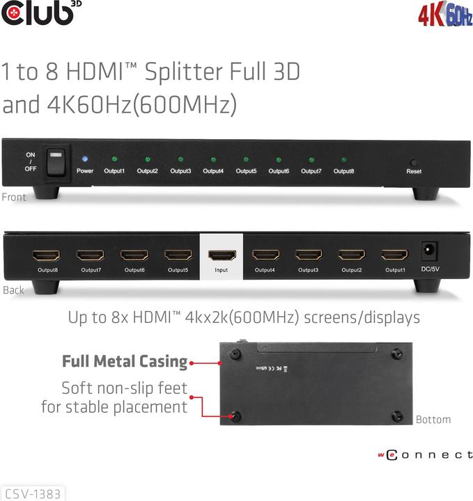 Produktbild Club 3D Club3D HDMI Splitter 1 Eingang -> 8 Ausgänge 4K60Hz UHD retail