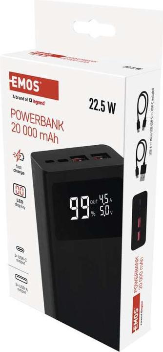 Actual product image Emos BetaQ 20 powerbank, 20,000 mAh, 22.5 W, black (20000 mAh, 22.50 W, 74 Wh)