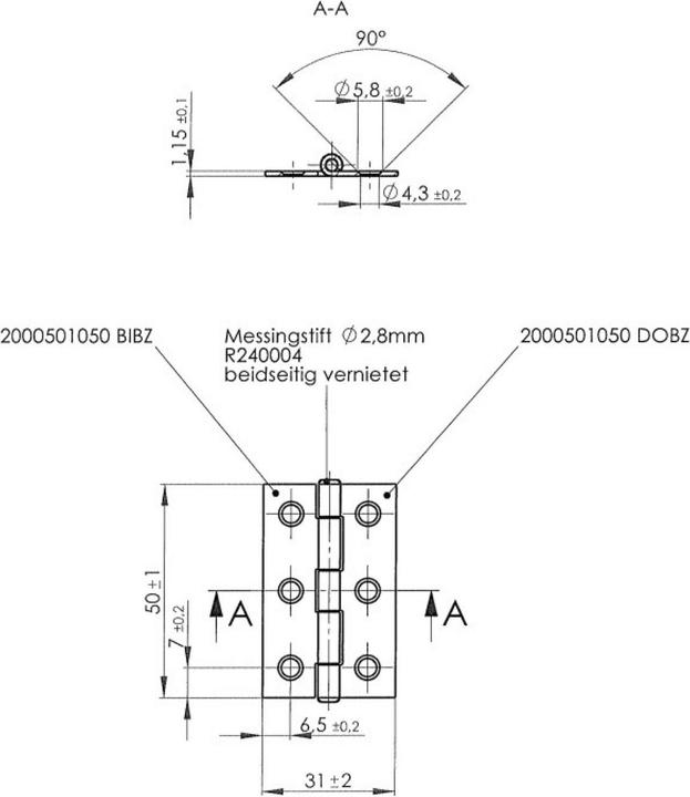 Produktbild Scharnier DIN 7954 A schmal 50 x 31 mm, Stahl verzinkt