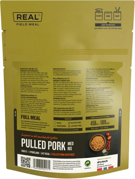 Valeurs nutritives et ingrédients REAL Plat principal Pulled Pork (174 g)