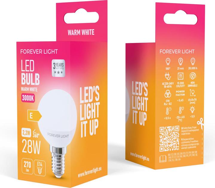 Produktbild Forever Light LED Bulb E14 G45 2.2W 270lm 3000K class E (E14, 270 lm, 100x)