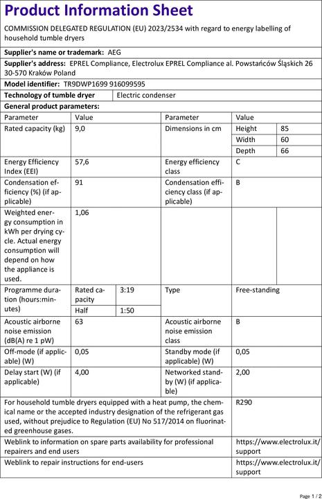Produktbild AEG TR9DWP1699 (9 kg, Rechts)