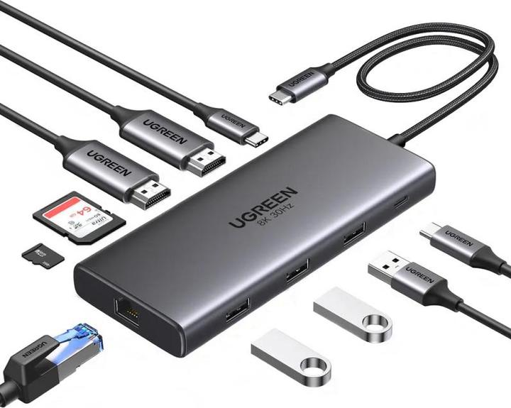 Actual product image Ugreen HUB CM639 USB-C / 2xHDMI 4K60 Hz, 3xUSB-A, USB-C, SD/TF, RJ45, USB-C PD 100W (USB-C, 10 ports)
