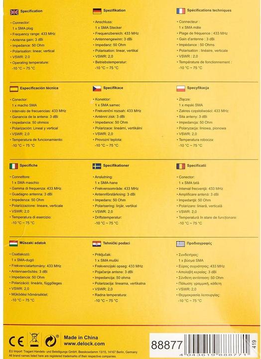Valeurs nutritives et ingrédients Delock Antenne 433Mhz, 3dBi, base magnétique (4G)