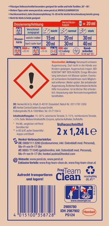 Immagine prodotto Persil Ultra Konzentrat Sensitive Gel (124 Cicli di lavaggio, Detergente liquido)