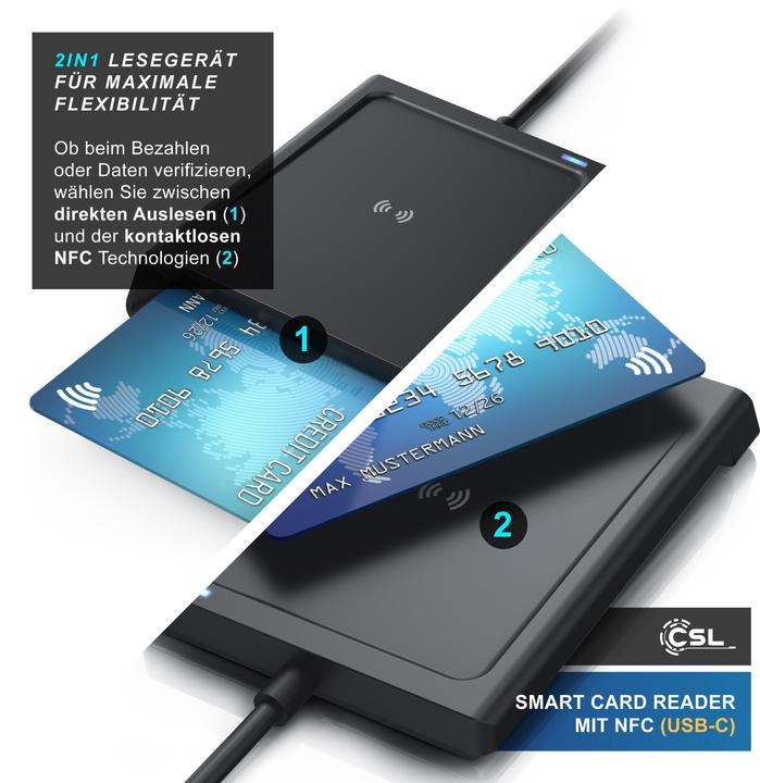 Actual product image CSL Chipkartenleser USB-A Smart Card Reader, NFC, SIM Kartenlesegerät, kompatibel mit Mac OS X, Win 11 (USB)
