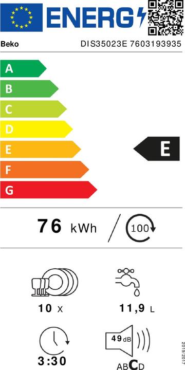 Energie-Label Beko DIS35023E Geschirrspüler Einbau vollintegriert 45 cm