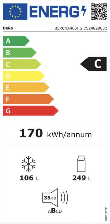 Energie-Label Beko KOELVRIESCOMBI B5RCNA406HG (355 l)